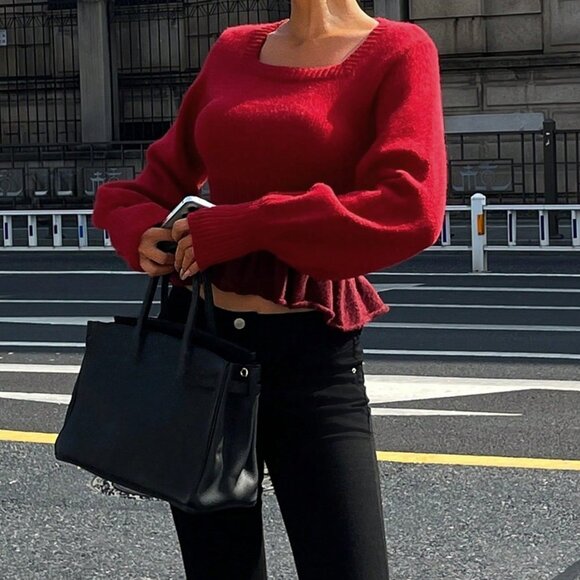 Burgundy Casual Women's Contrast Color Ruffle Trim Lantern Sleeve Sweater - Picture 7 of 9